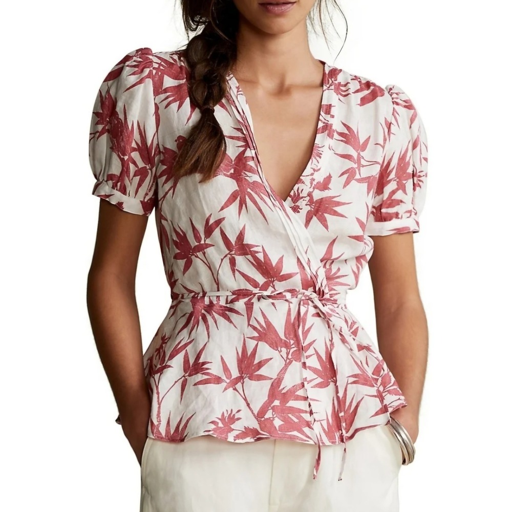 Polo Ralph Lauren Linen Top Womens XL Red White Bamboo Floral Wrap Peplum NWT